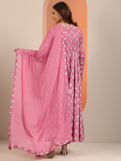 Libas Womens Mauve Printed Cotton Anarkali Kurta With Churidar & Dupatta - Image 5