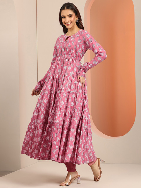 Libas Womens Mauve Printed Cotton Anarkali Kurta With Churidar & Dupatta - Image 4