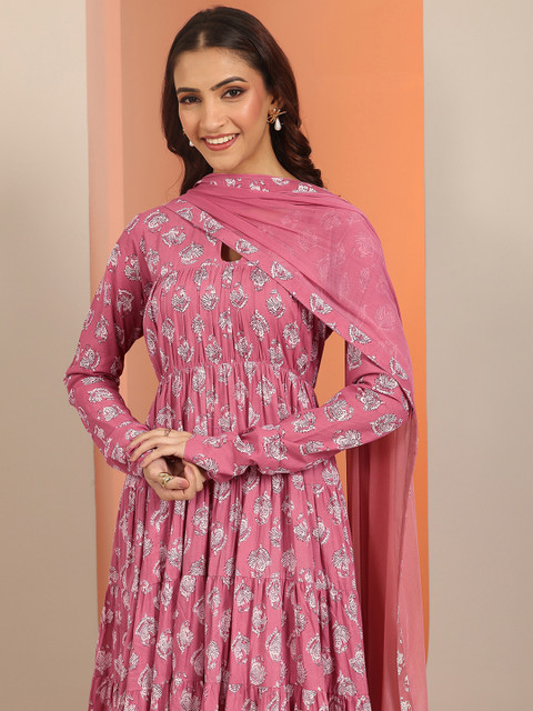 Libas Womens Mauve Printed Cotton Anarkali Kurta With Churidar & Dupatta - Image 6