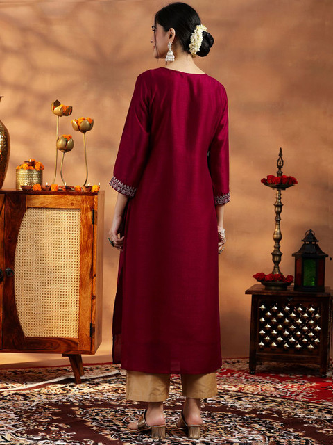 Libas Floral Embroidered Sequinned Pure Silk Straight Kurta With Lining - Image 4