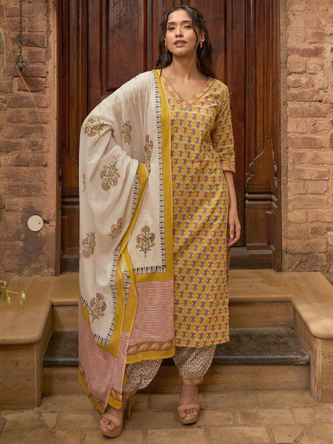Libas Floral Printed V-Neck Straight Kurta With Salwar And Dupatta