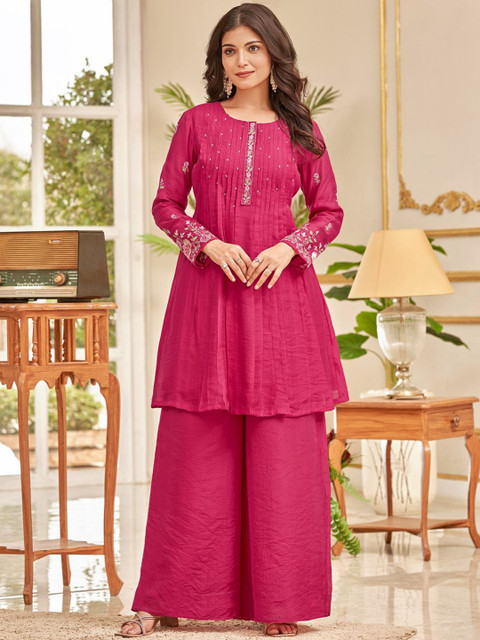 Varanga Floral Embroidered Thread Work Chanderi Cotton A-Line Kurta With Palazzos - Image 2