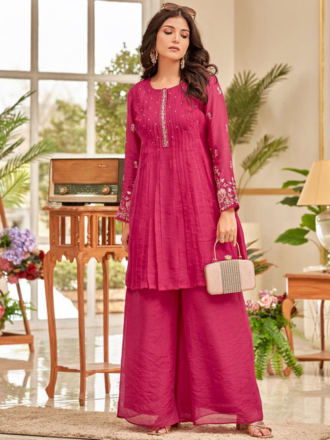 Varanga Floral Embroidered Thread Work Chanderi Cotton A-Line Kurta With Palazzos - Image 7