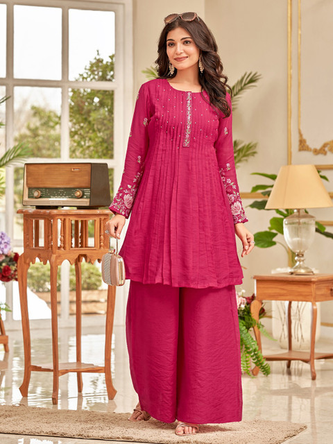 Varanga Floral Embroidered Thread Work Chanderi Cotton A-Line Kurta With Palazzos - Image 6