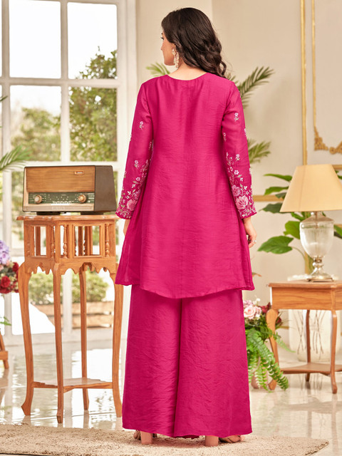 Varanga Floral Embroidered Thread Work Chanderi Cotton A-Line Kurta With Palazzos - Image 5