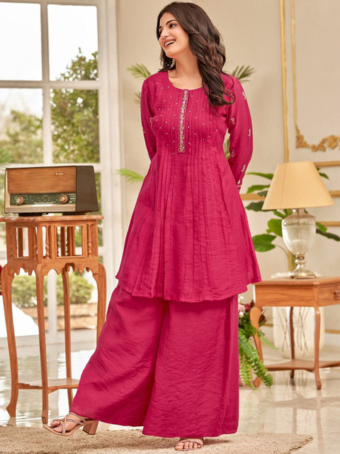Varanga Floral Embroidered Thread Work Chanderi Cotton A-Line Kurta With Palazzos - Image 4