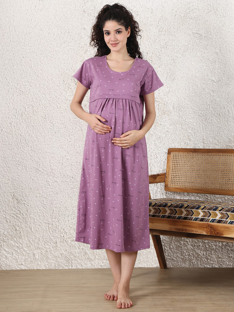 Secret Wish Women Printed Maternity Nightdress