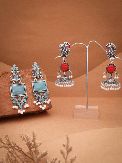 Anouk Set Of 2 Silver-Plated Artificial Stones Studded and Beaded Oxidised Dome Jhumkas