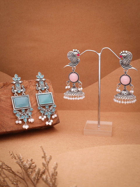 Anouk Set Of 2 Silver-Plated Artificial Stones and Beaded Geometric Shaped Drop Earrings