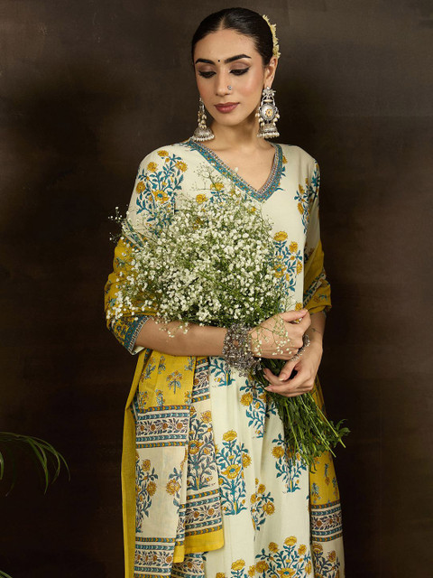 Indo Era Women Floral Printed Cotton Kurta with Pyjama & Dupatta