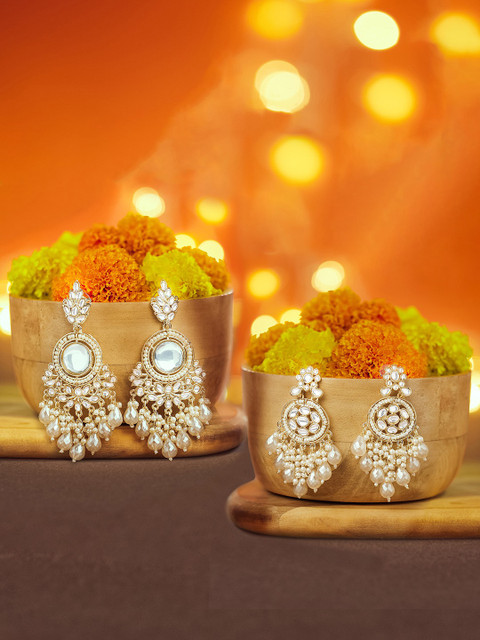 Zaveri Pearls Set Of 2 Gold-Plated Artificial Stones Studded & Beaded Drop Earrings