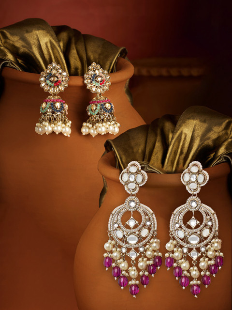 Zaveri Pearls Set Of 2 Gold-Plated Stones Studded & Beaded Dome Shaped Jhumkas