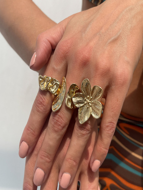 AQUASTREET Set of 3 Gold Anti-Tarnish Boho Textured Floral & Abstract Statement Stack Ring