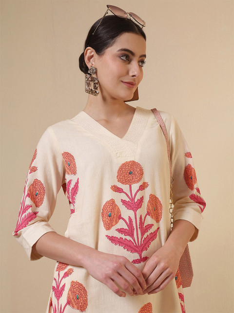 Anouk Floral Printed V-Neck Pure Cotton A-Line Kurta With Palazzos