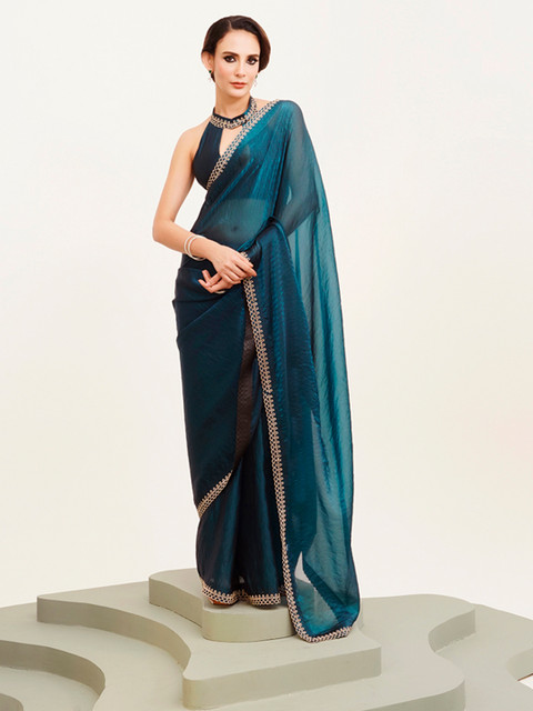 Kalista Embellished Beads and Stones Partywear Satin Saree - Image 5