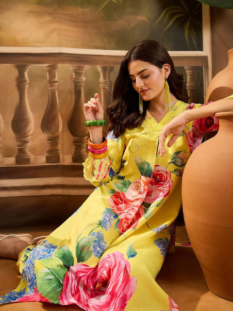 Sangria Women Floral Print Summer Asymmetrical Kurta With Afghani Pant Set