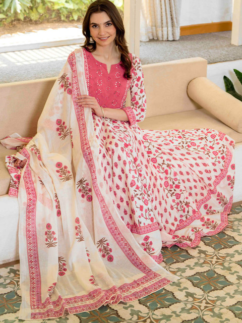 Mizaz Floral Printed Notch Neck A Line Pure Cotton Kurta With Trousers & Dupatta