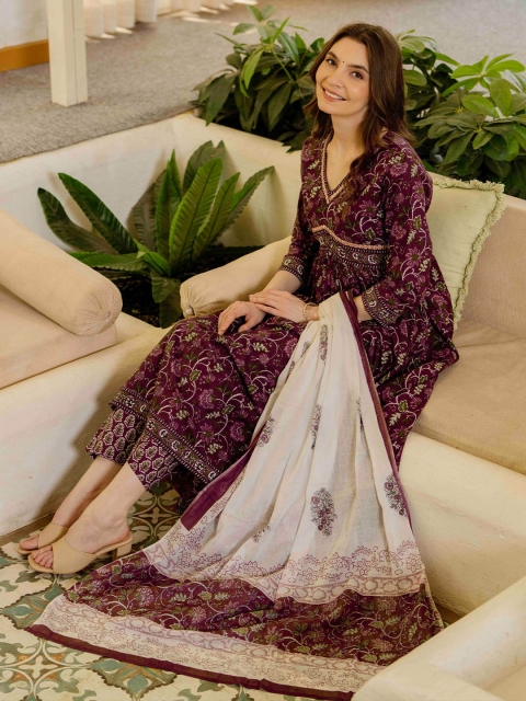 Mizaz Floral Printed V Neck Empire Pure Cotton Kurta With Trousers & Dupatta