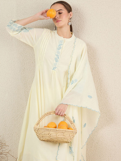 Indo Era Women Solid Embroidered Cotton Kurta with Trousers & Dupatta