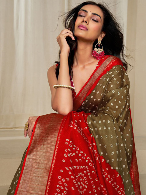 Kalini Women Dola Silk Bandhani Print Zari border Saree