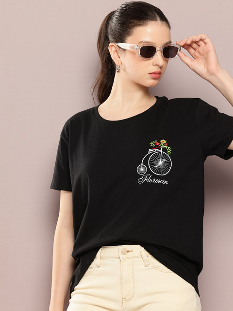 DILLINGER Women Boxy Regular Embroidery Crew Neck Tshirt