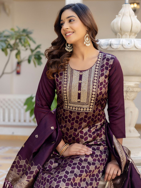 SKYLEE Floral Woven Design Round Neck Sequinned Straight Kurta With Trousers & Dupatta