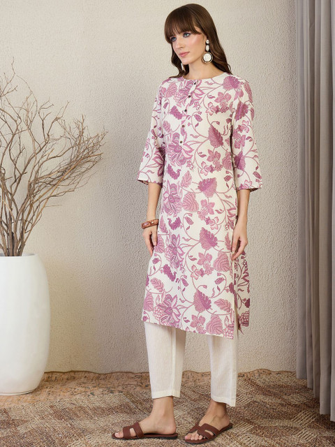 Indo Era Floral Printed Round Neck Straight Kurta - Image 4