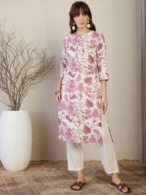Indo Era Floral Printed Round Neck Straight Kurta - Image 2