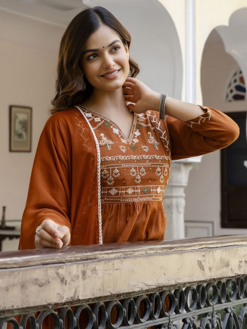 Anouk Women Ethnic Motifs Embroidered Aari Work Cotton Kurta with Trousers & With Dupatta - Image 7