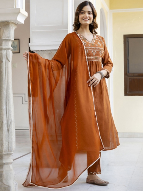 Anouk Women Ethnic Motifs Embroidered Aari Work Cotton Kurta with Trousers & With Dupatta - Image 2