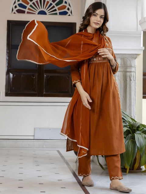 Anouk Women Ethnic Motifs Embroidered Aari Work Cotton Kurta with Trousers & With Dupatta - Image 4
