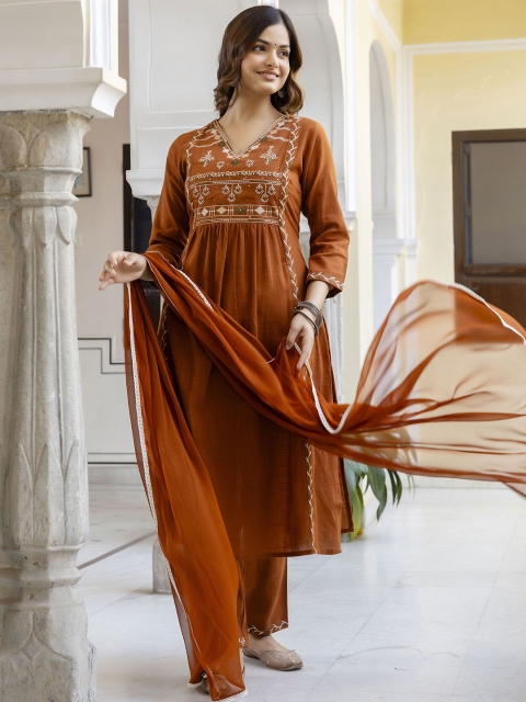 Anouk Women Ethnic Motifs Embroidered Aari Work Cotton Kurta with Trousers & With Dupatta - Image 6