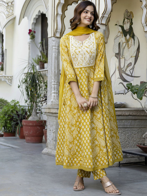 Anouk Women Floral Embroidered Cotton Kurta with Trousers & Dupatta - Image 2