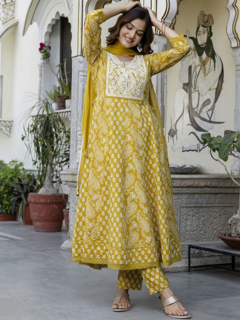 Anouk Women Floral Embroidered Cotton Kurta with Trousers & Dupatta - Image 5