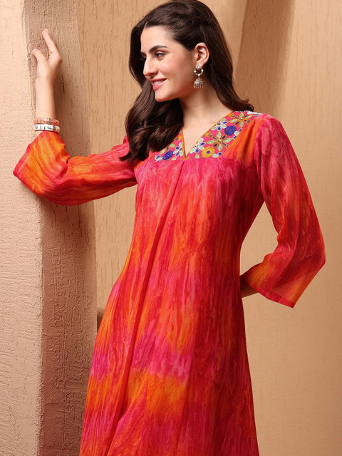 Sangria Women Georgette Tie & Dye and Embroiderey A-line Flared Kurta