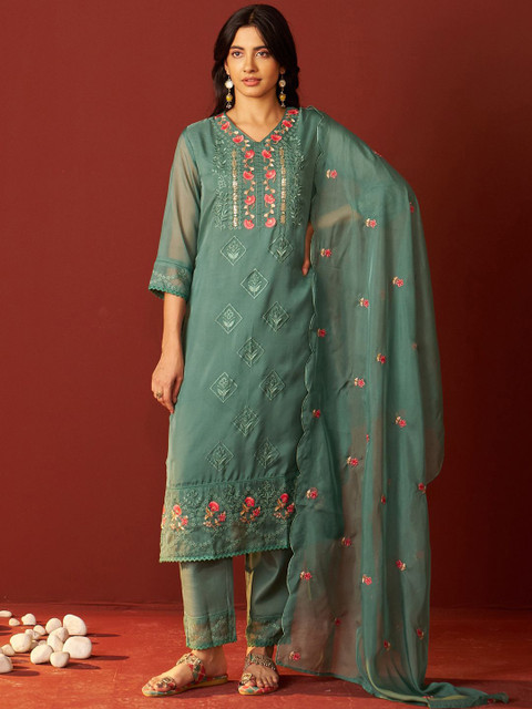 Indo Era Women Floral Embroidered Kurta with Trousers & Dupatta - Image 4