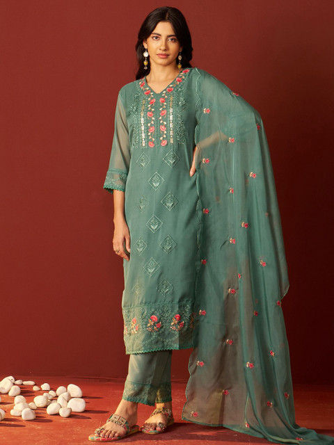 Indo Era Women Floral Embroidered Kurta with Trousers & Dupatta - Image 2