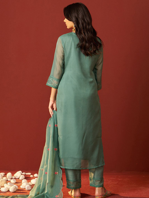 Indo Era Women Floral Embroidered Kurta with Trousers & Dupatta - Image 5