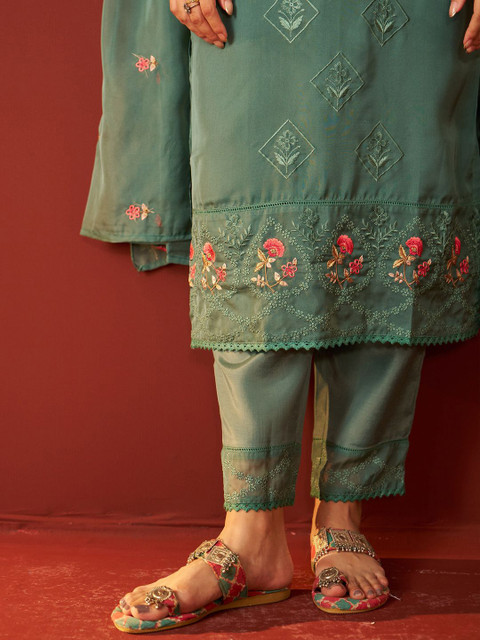 Indo Era Women Floral Embroidered Kurta with Trousers & Dupatta - Image 6