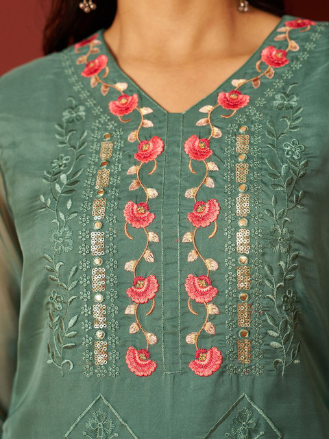 Indo Era Women Floral Embroidered Kurta with Trousers & Dupatta - Image 3