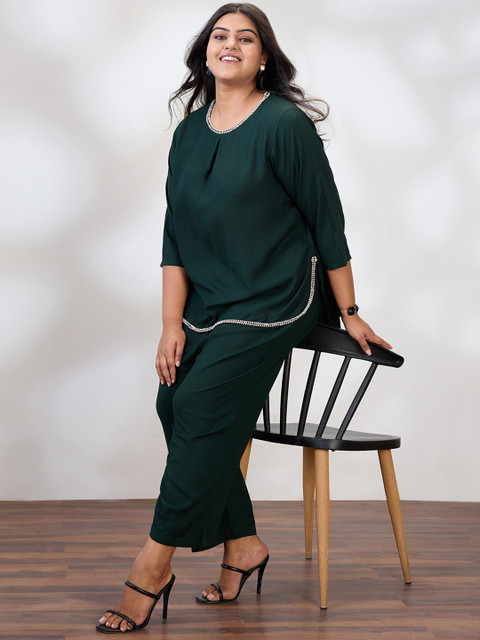 Globus Gloplus Round Neck Solid Plus Size Top & Trousers Co-Ord Set