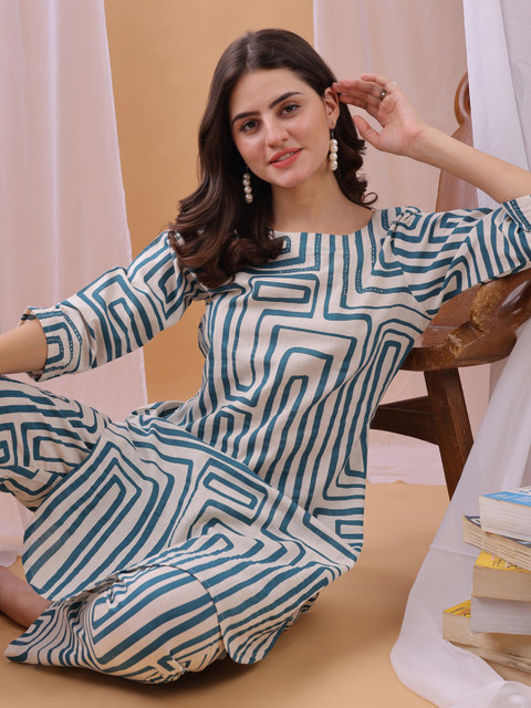 Saanjh Printed Round Neck Tunic With Trousers Co-Ords