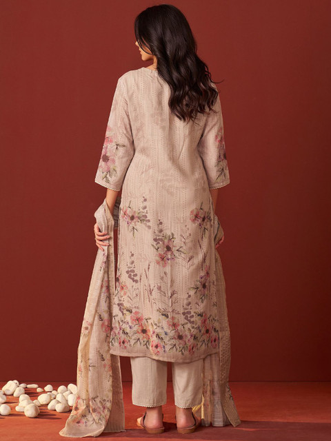 Indo Era Women Floral Embroidered Linen Kurta with Trousers & Dupatta - Image 4