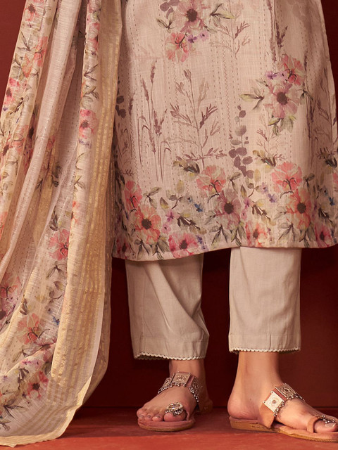 Indo Era Women Floral Embroidered Linen Kurta with Trousers & Dupatta - Image 7