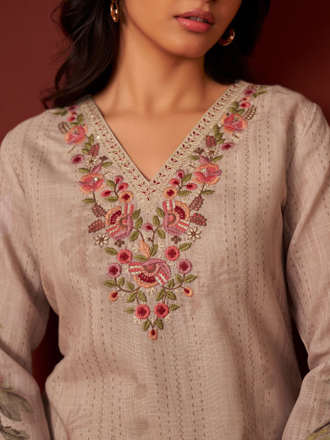 Indo Era Women Floral Embroidered Linen Kurta with Trousers & Dupatta - Image 3