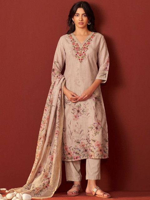 Indo Era Women Floral Embroidered Linen Kurta with Trousers & Dupatta - Image 5