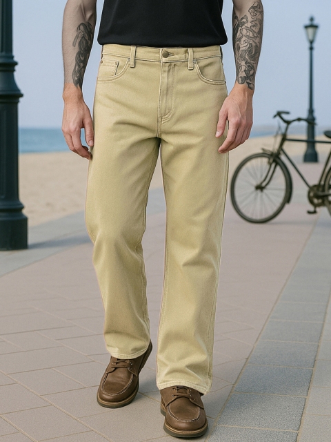 Bewakoof Men's Beige Baggy Fit Mid-Rise Pure Cotton Jeans