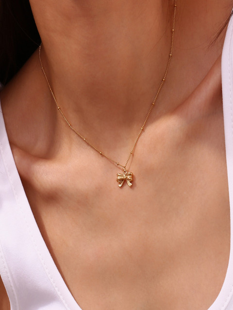 AQUASTREET 18K Gold Plated Waterproof Antitarnish Small Bow Pendant Necklace