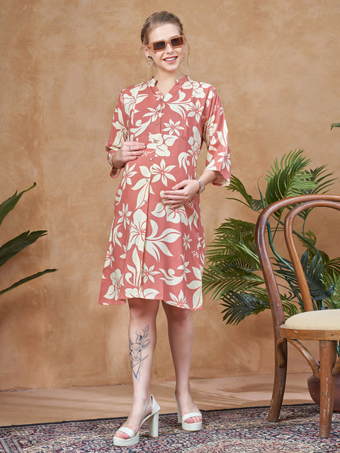LOVELY MOM'S Women Floral Print Maternity Shirt Dress