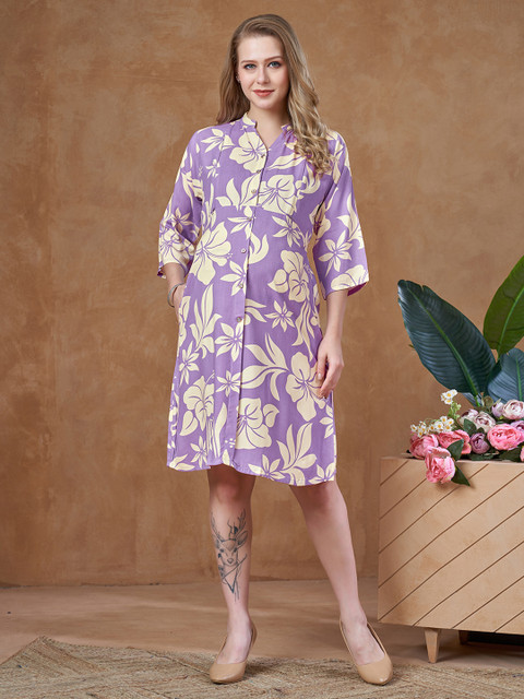LOVELY MOM'S Women Floral Printed V-Neck Maternity A-Line Above Knee Dress